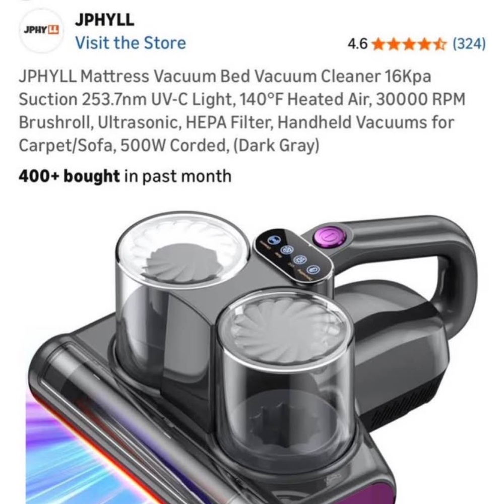Dark Gray Handheld Mattress Vacuum Cleaner – UV-C & Heated Air